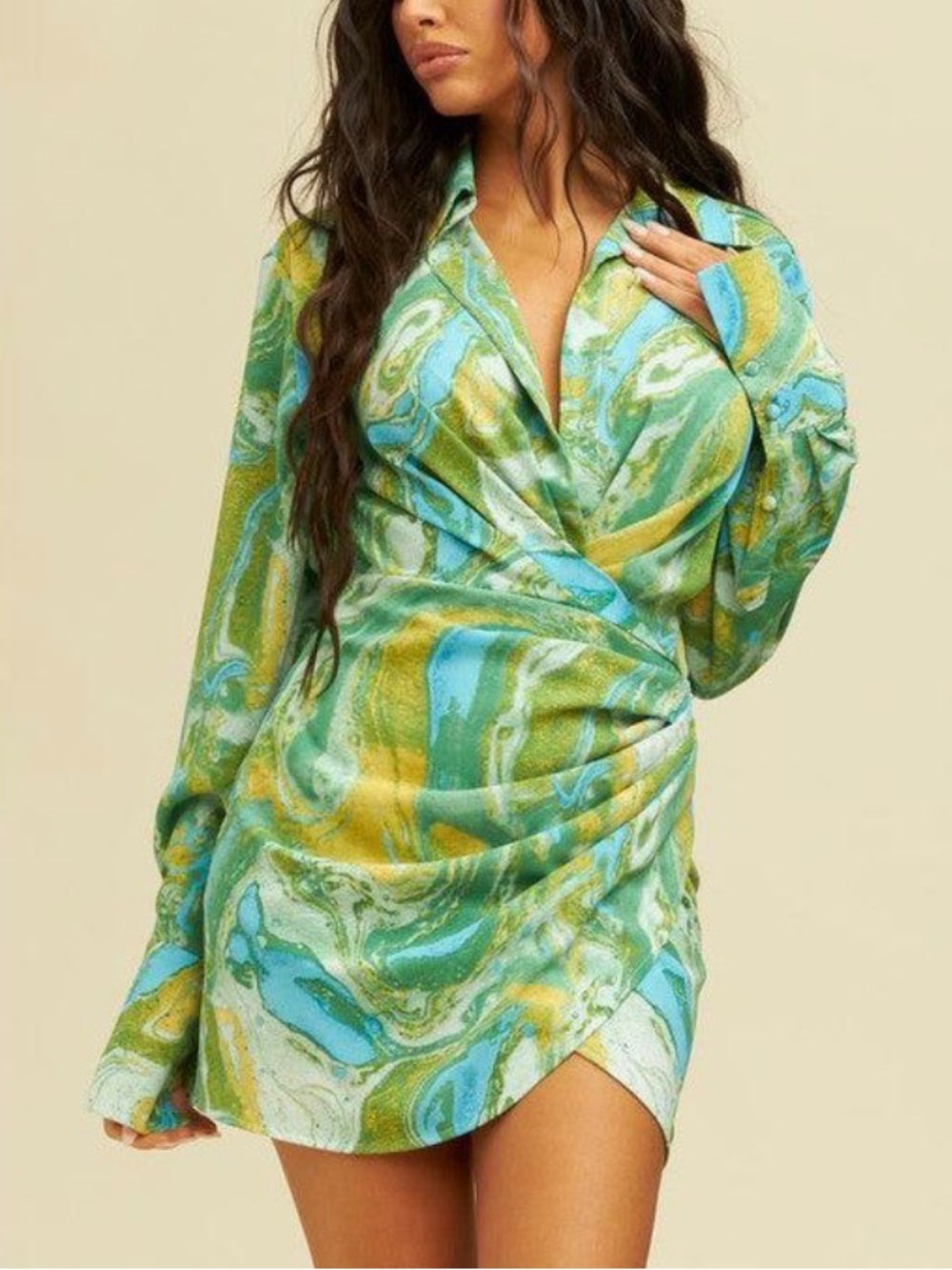 Luxxel Women’s Green Marble Wrap Shirt Dress Size S